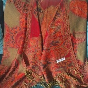 100% Pashmina Reversible Shawl Wrap Scarf Paisley Autumn Green Red Orange